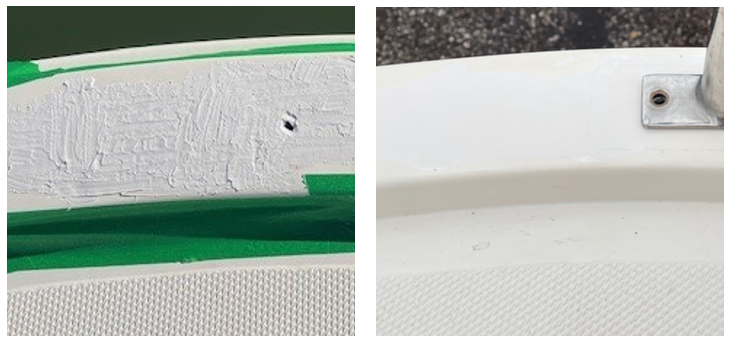 Bild på gelcoatspackel + bild på efter slipning